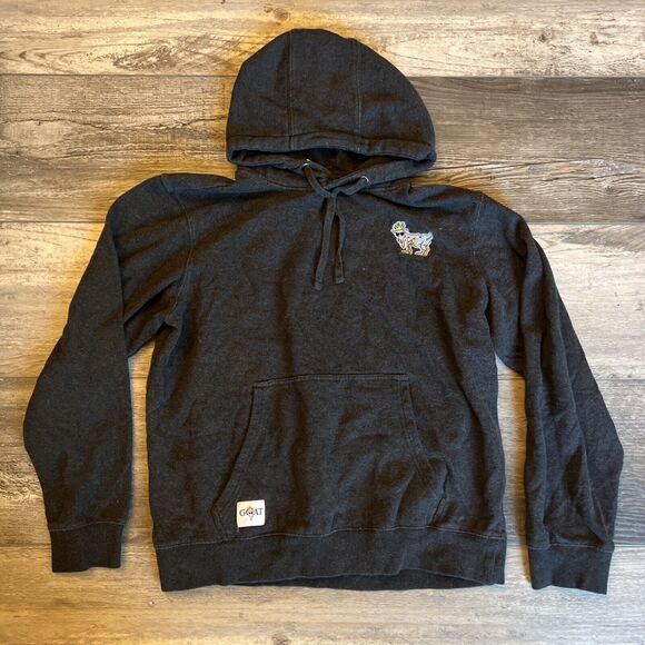 GOAT USA Hoody Sweatshirt Mens Large Black Pullover Cut V Neck Distressed Patch - Picture 1 of 7